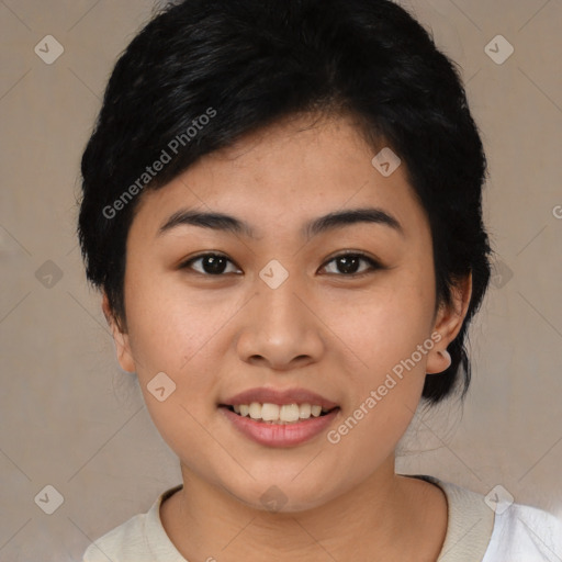 Joyful asian young-adult female with medium  black hair and brown eyes