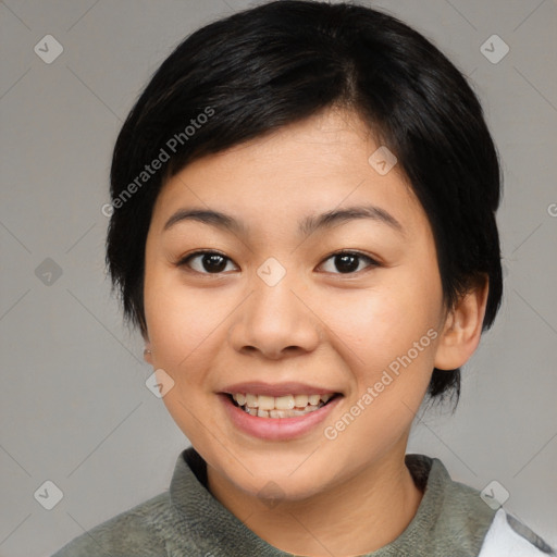 Joyful asian young-adult female with medium  black hair and brown eyes