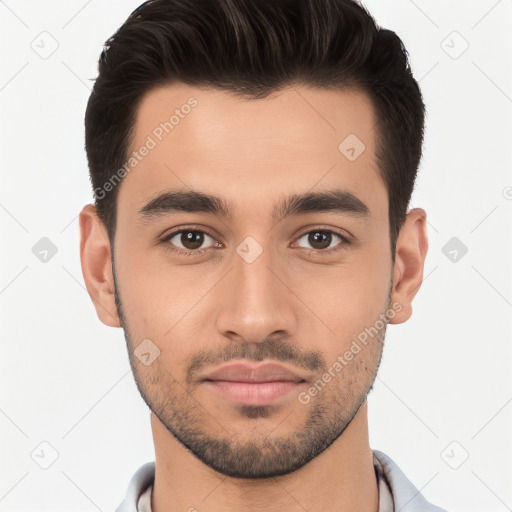 Joyful white young-adult male with short  brown hair and brown eyes