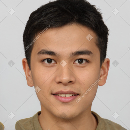 Joyful asian young-adult male with short  brown hair and brown eyes