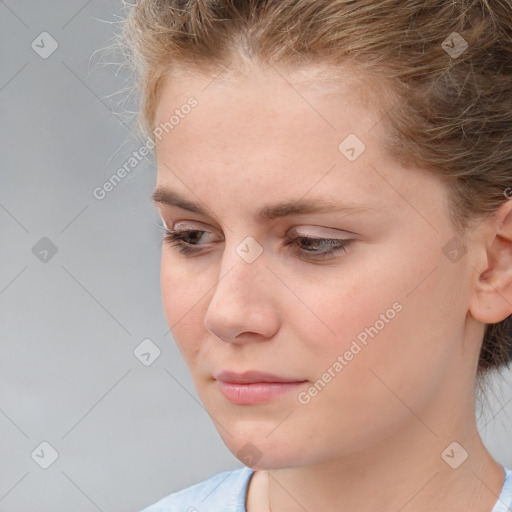 Neutral white young-adult female with medium  brown hair and brown eyes