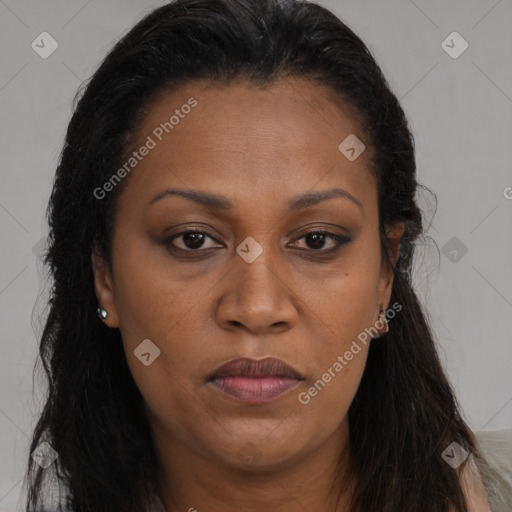 Joyful black adult female with long  brown hair and brown eyes