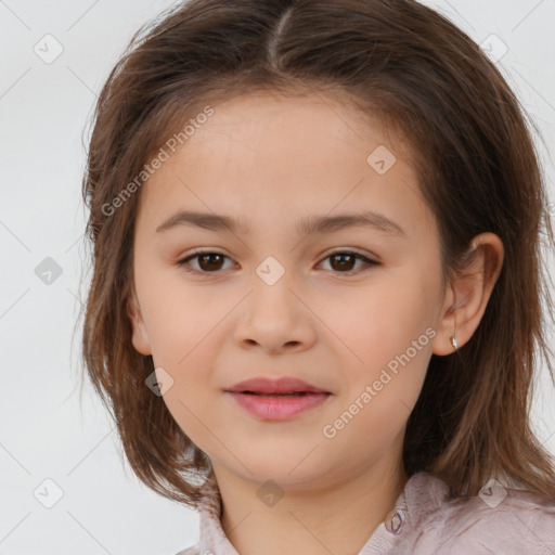 Joyful white child female with medium  brown hair and brown eyes