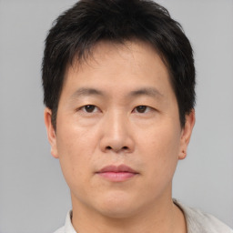 Neutral asian young-adult male with short  brown hair and brown eyes