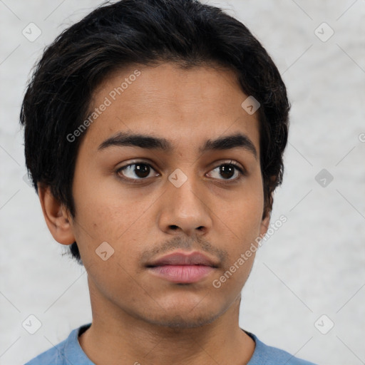 Neutral latino young-adult male with short  black hair and brown eyes