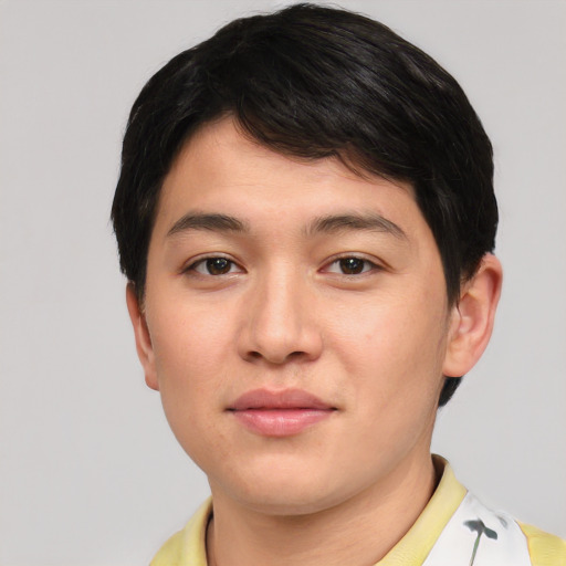 Neutral asian young-adult male with short  brown hair and brown eyes