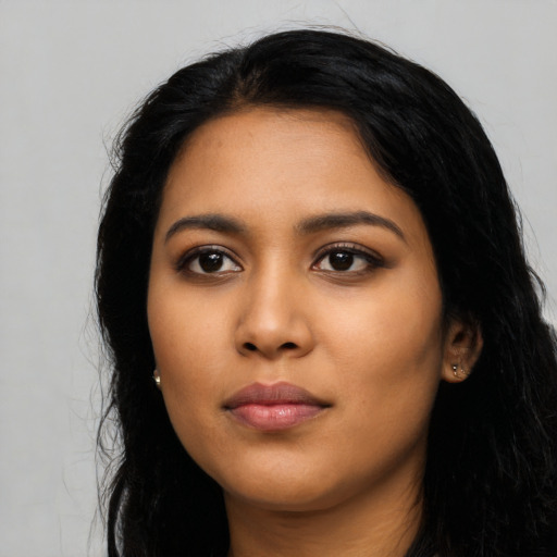 Neutral asian young-adult female with long  black hair and brown eyes