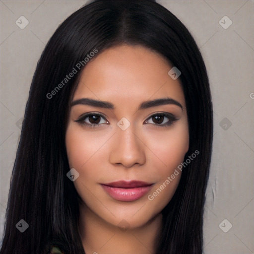 Joyful latino young-adult female with long  black hair and brown eyes