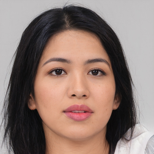 Neutral asian young-adult female with long  black hair and brown eyes