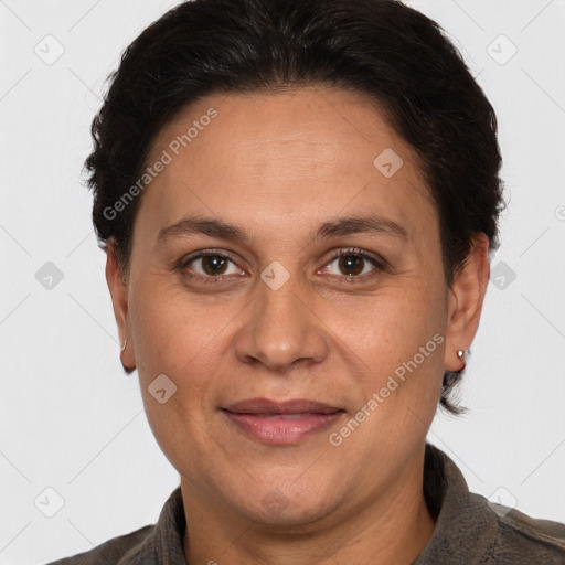 Joyful white adult female with short  brown hair and brown eyes