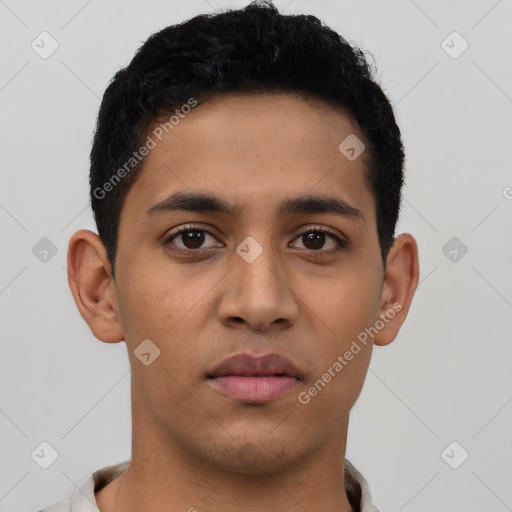 Neutral latino young-adult male with short  black hair and brown eyes