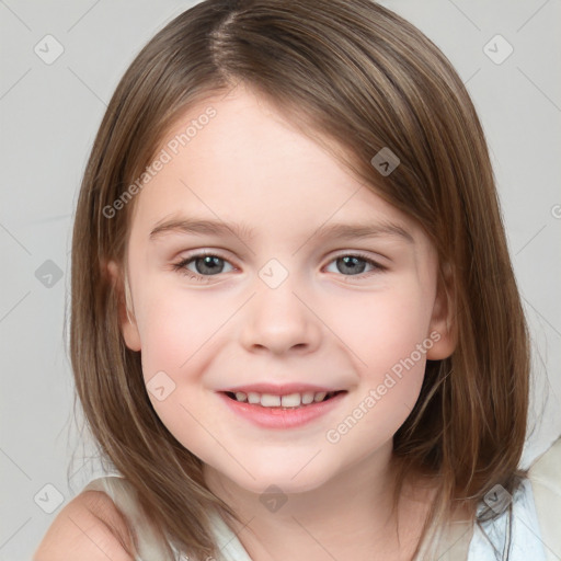 Joyful white child female with medium  brown hair and brown eyes