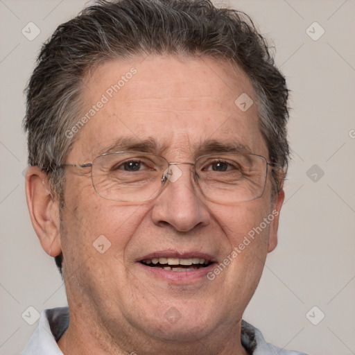 Joyful white middle-aged male with short  brown hair and brown eyes