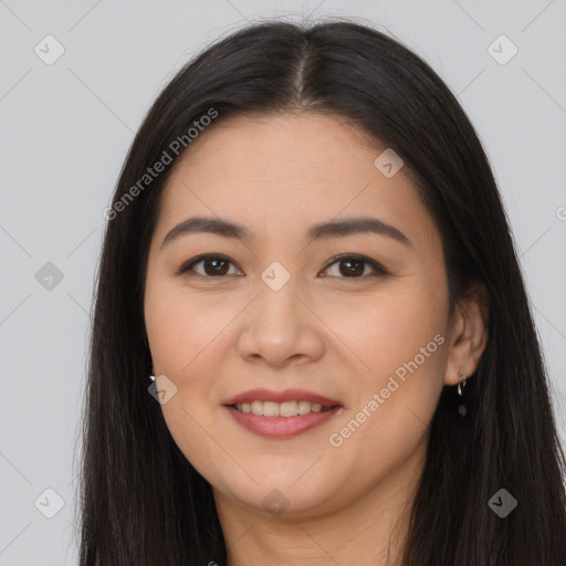 Joyful white young-adult female with long  brown hair and brown eyes