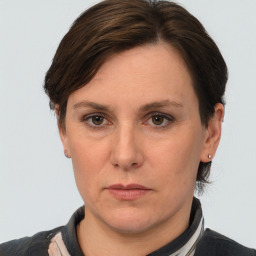 Neutral white adult female with short  brown hair and brown eyes