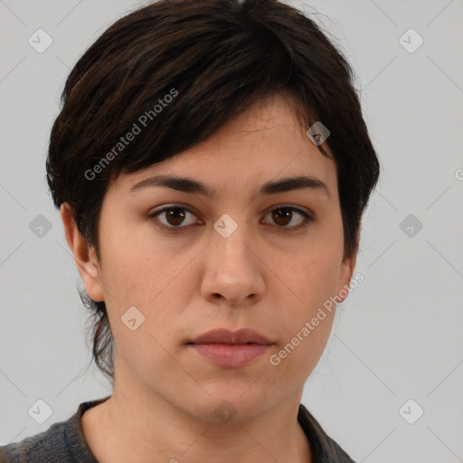 Neutral white young-adult female with medium  brown hair and brown eyes