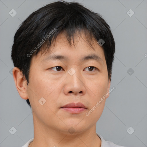 Neutral asian young-adult male with short  brown hair and brown eyes