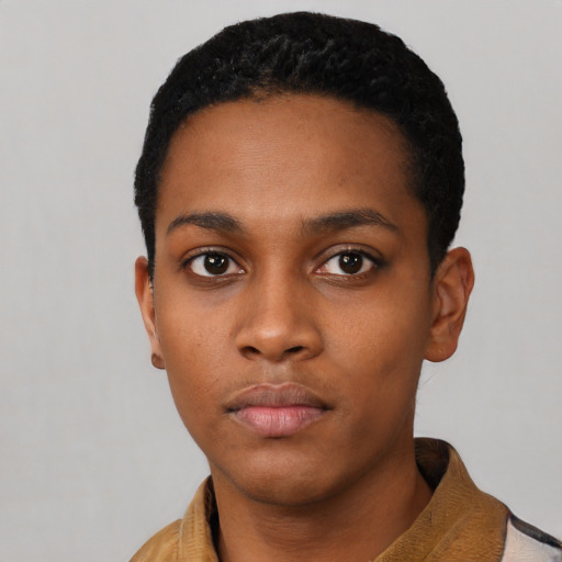 Neutral black young-adult female with short  black hair and brown eyes