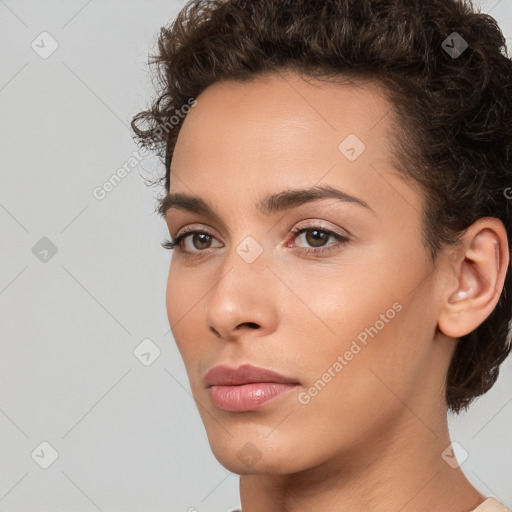 Neutral white young-adult female with short  brown hair and brown eyes