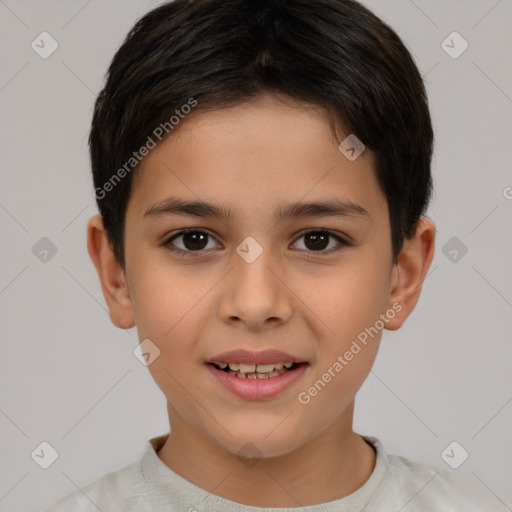 Joyful white child female with short  brown hair and brown eyes