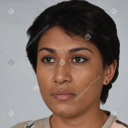 Neutral latino young-adult female with short  black hair and brown eyes