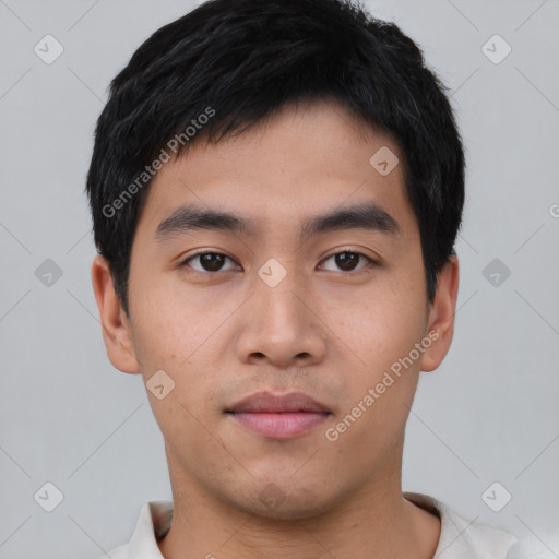 Neutral asian young-adult male with short  black hair and brown eyes