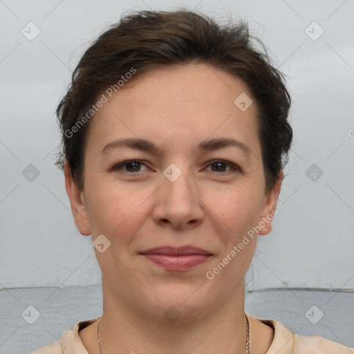 Joyful white adult female with short  brown hair and brown eyes