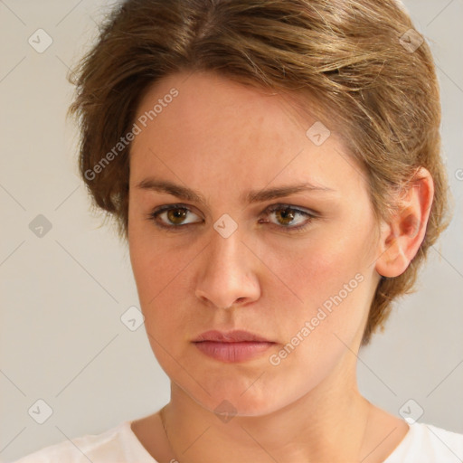 Neutral white young-adult female with short  brown hair and brown eyes