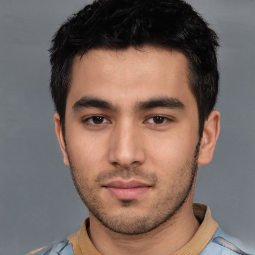 Neutral white young-adult male with short  black hair and brown eyes