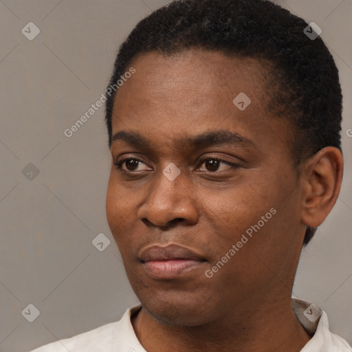 Joyful black young-adult male with short  black hair and brown eyes