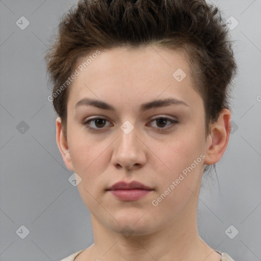 Neutral white young-adult female with short  brown hair and brown eyes