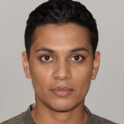 Neutral latino young-adult female with short  black hair and brown eyes