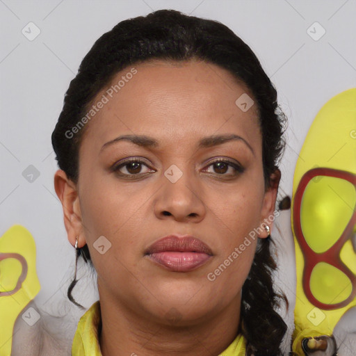 Joyful latino young-adult female with short  brown hair and brown eyes