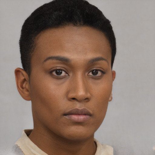 Neutral black young-adult female with short  brown hair and brown eyes