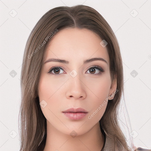 Neutral white young-adult female with long  brown hair and brown eyes