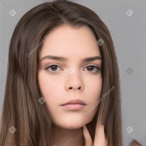 Neutral white young-adult female with long  brown hair and brown eyes