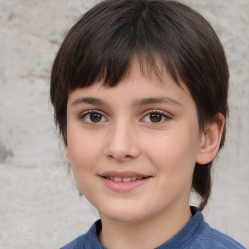 Joyful white child female with medium  brown hair and brown eyes