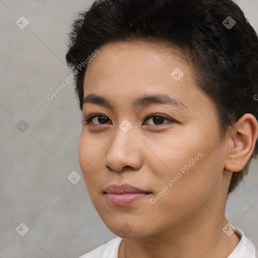 Neutral asian young-adult female with short  brown hair and brown eyes