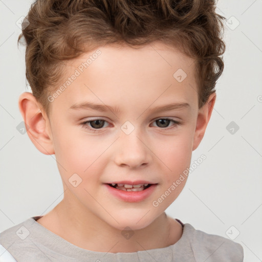 Joyful white child male with short  brown hair and brown eyes