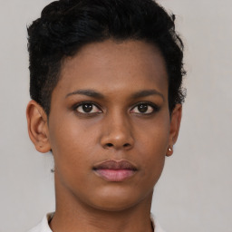 Neutral black young-adult female with short  brown hair and brown eyes