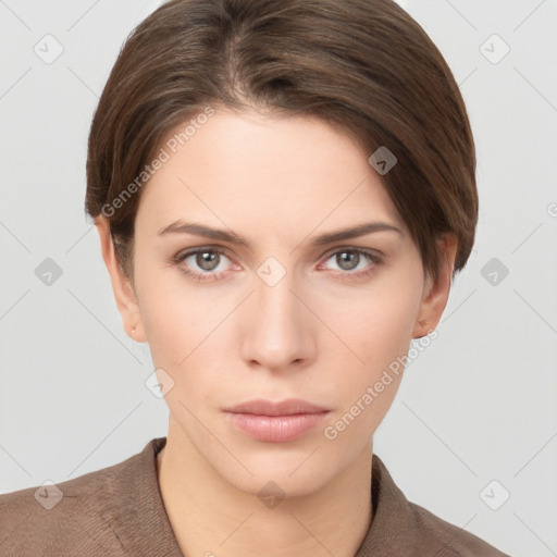 Neutral white young-adult female with short  brown hair and brown eyes