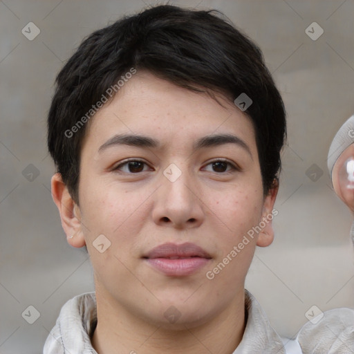 Neutral asian young-adult female with short  brown hair and brown eyes