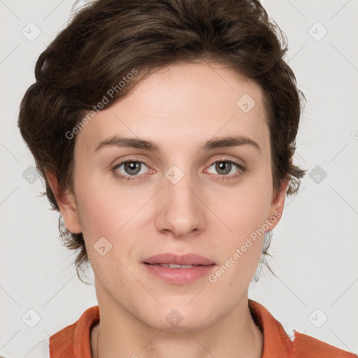 Neutral white young-adult female with medium  brown hair and grey eyes