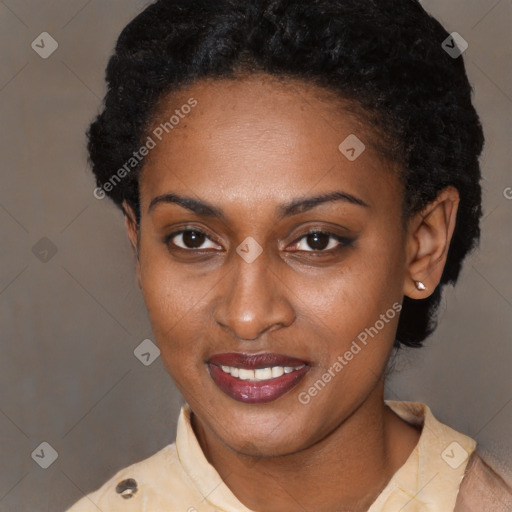 Joyful latino young-adult female with short  black hair and brown eyes