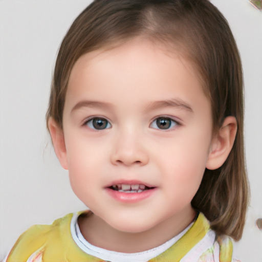 Joyful white child female with medium  brown hair and brown eyes