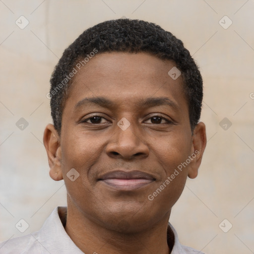 Joyful latino young-adult male with short  brown hair and brown eyes