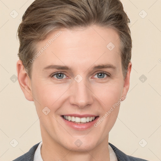 Joyful white young-adult female with short  brown hair and grey eyes