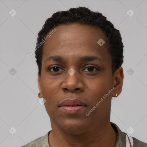 Neutral black young-adult female with short  black hair and brown eyes