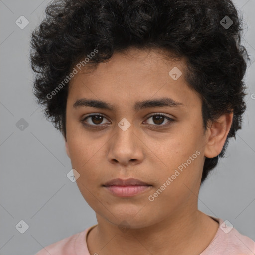 Neutral latino young-adult female with short  brown hair and brown eyes