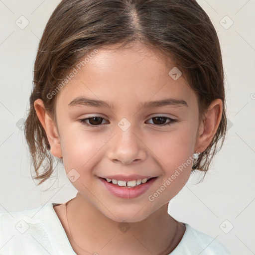 Joyful white child female with medium  brown hair and brown eyes